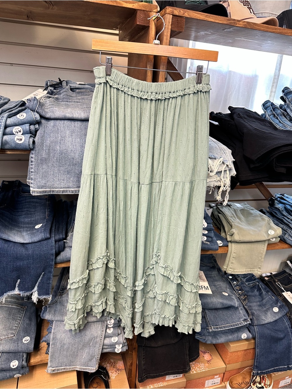 Nostalgia Sage Green Tiered Maxi Skirt with Ruffles - Picture 2 of 6